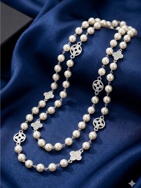 Very long Pearl Bead & Silver Charm Long Necklace - White